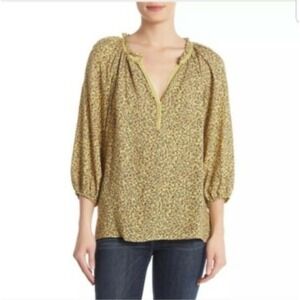 Max Studio Peasant Blouse Size‎ L Butter Yellow Ditzy Floral Print BOHO Coquette